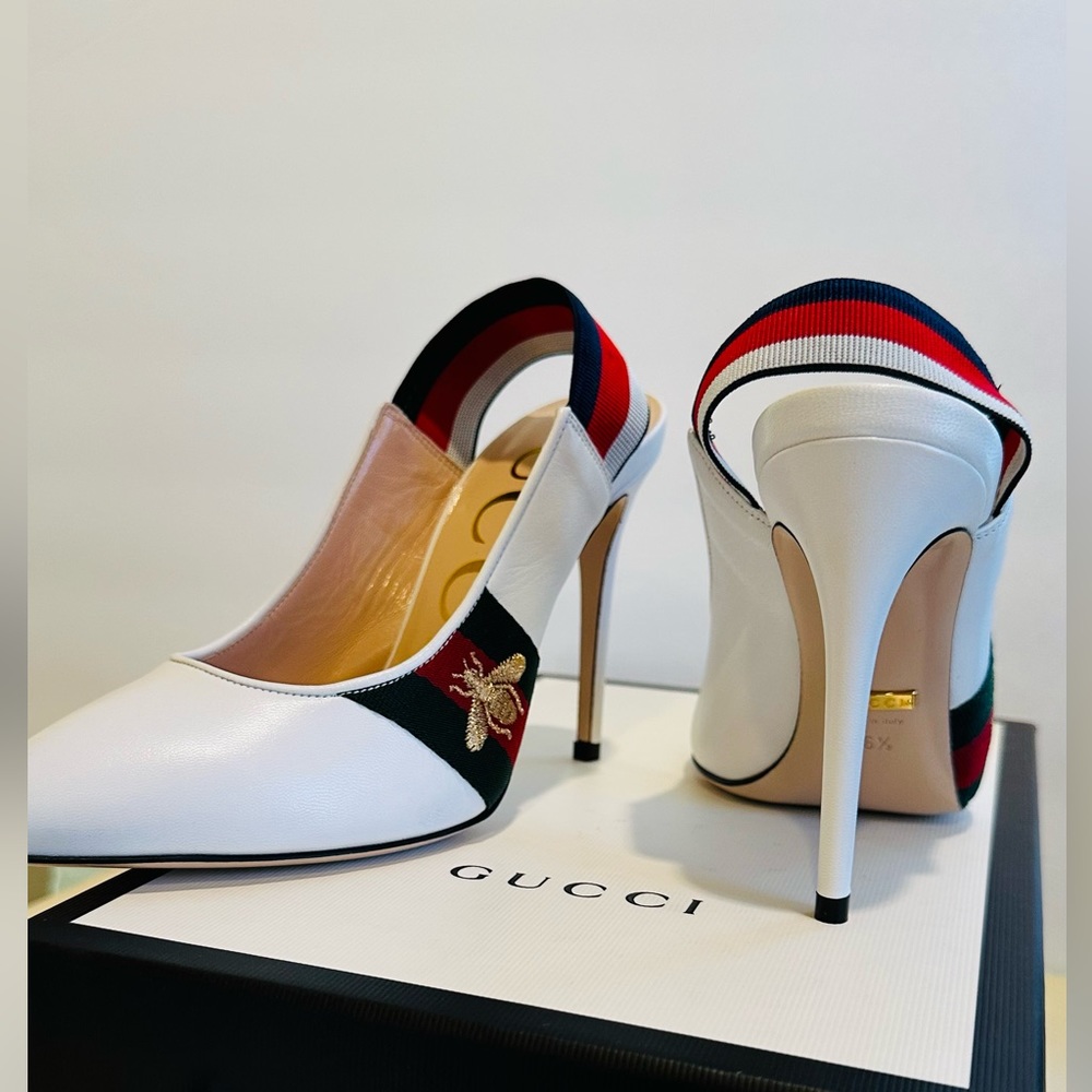 Gucci Sylvie Leather Slingback Pumps with Bee in White 36.5 - Picture 13 of 16